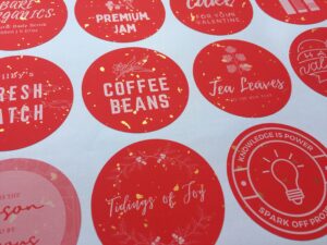Round Shape Stickers, Gold Speckle Red Paper Sticker Material, White Ink Printing, no-lay, Kiss-cut on sheet