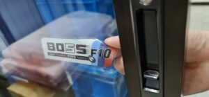 Custom-shape Stickers, PVC (Transparent) Removable Sticker Material, Reverse Print with White Overlay Printing, on glass door, seen from outside, peel off