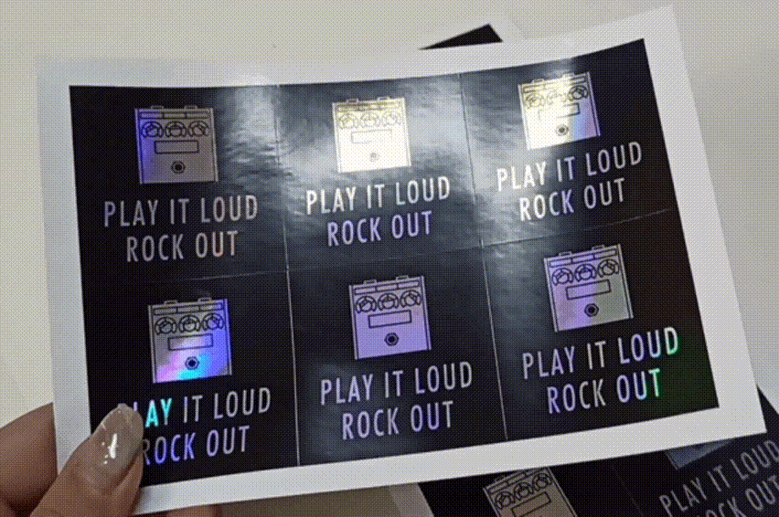 Square Shape Stickers, Holographic Synthetic Sticker Material, Play It Loud Rock Out, Kiss-cut on sheet