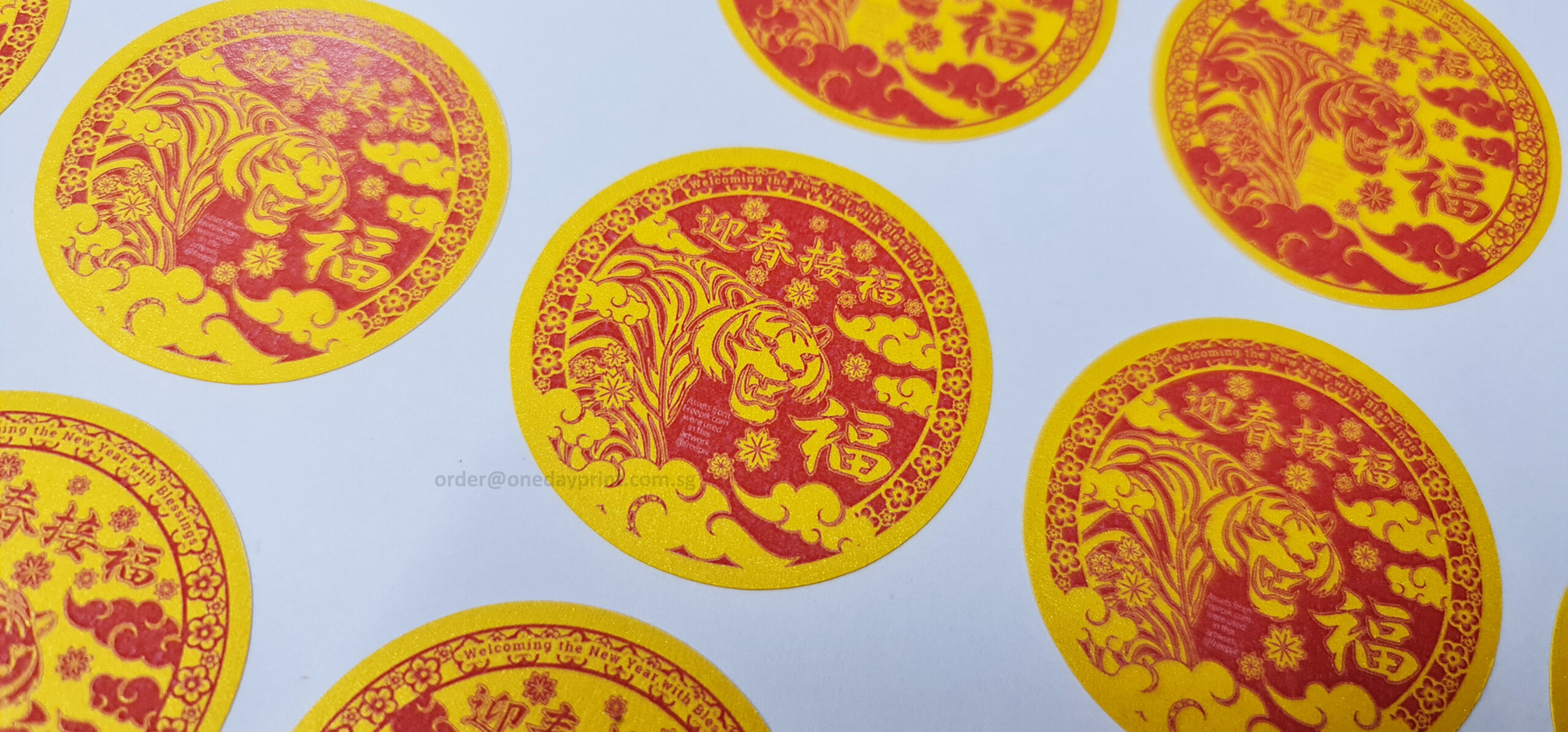 Round Shape Stickers, Sand Gold Paper Sticker Material, Red on White Underlay Printing, CNY 2022, Kiss-cut on sheet