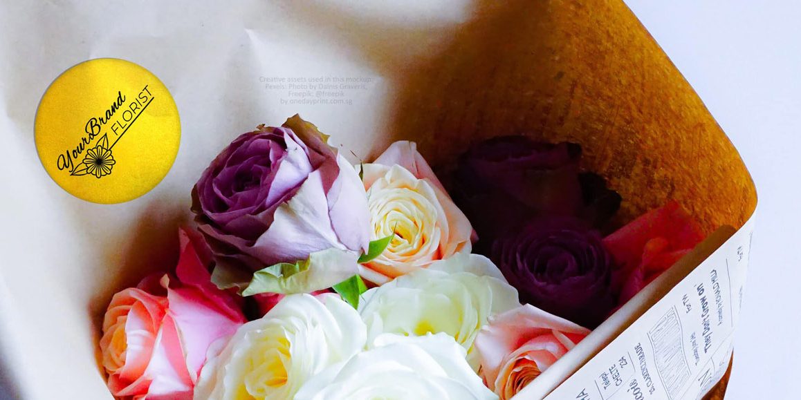 Mockup Photo of Sand Gold Paper Sticker on a bouquet of flowers, by onedayprint.com.sg, Photo by Dainis Graveris from Pexels, Assets from freepik were used.