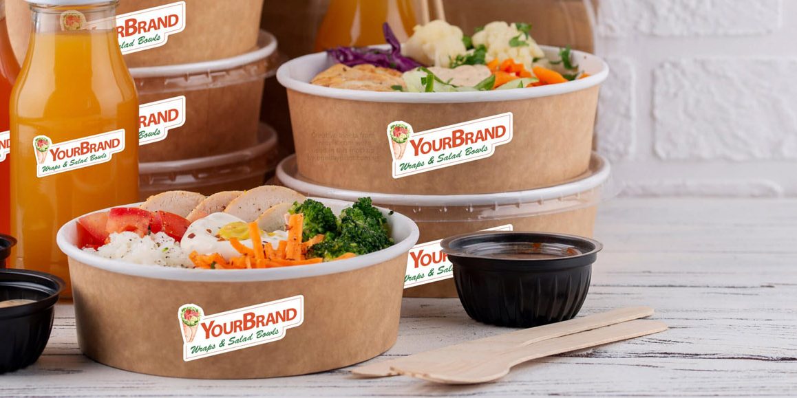 #YourBrandwithODP - Mockup Photo of Mirrorkote or Synthetic Stickers for Takeaway Branding, by onedayprint.com.sg, Assets from freepik were used.