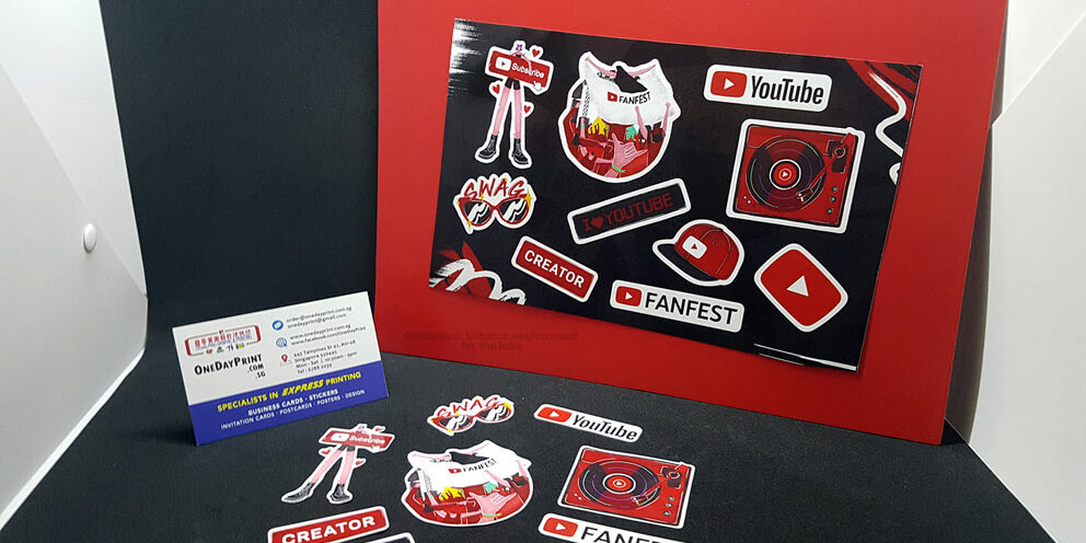 Custom Sticker Sets, PVC (White) Sticker Material, YouTube. Printed in Singapore